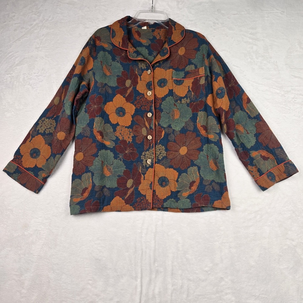 Women's Blue Orange Green Floral‎ Pajama Top Size Large Button Up Pocket